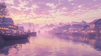 Naklejka premium Serene Japanese Harbor at Dawn with Soft Pastel Colors