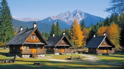 Obraz premium Three Wooden Cabins Nestled In A Mountain Valley