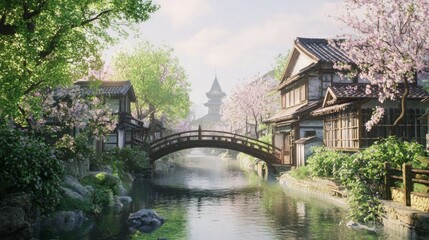 Fototapeta premium Serene Japanese Riverside Town Surrounded by Blossoming Cherry Trees