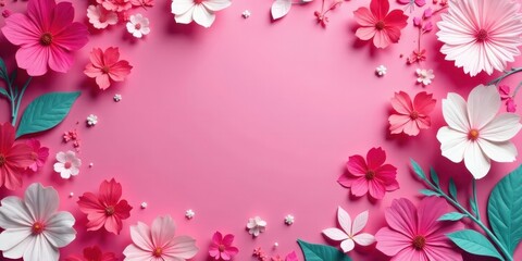 Pink Floral Frame Delicate Paper Flowers Arranged on a Soft Background for Design and Decoration