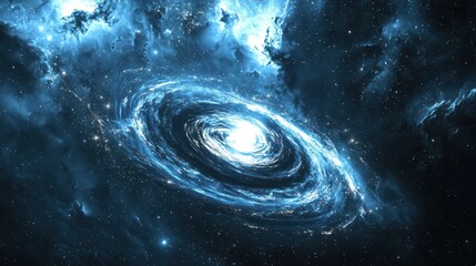 A swirling supermassive black hole pulling in light, gas, and stars, creating a glowing accretion disk