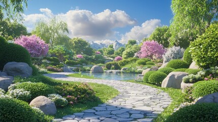 Obraz premium Serene Japanese Garden with Blooming Flowers and Tranquil Pathway