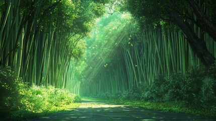 Obraz premium Serene Bamboo Forest Pathway in Tranquil Japanese Nature Scene