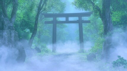 Mystical Japanese Scene with Torii Gate Surrounded by Fog