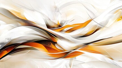Abstract dynamic swirling forms, in white, orange, and brown, with flowing lines, a background suggesting movement and energy, for use as a backdrop or wallpaper