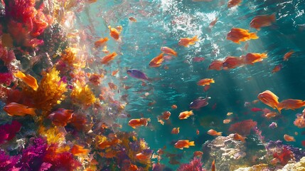 Naklejka premium Vibrant coral reef teeming with colorful fish swimming