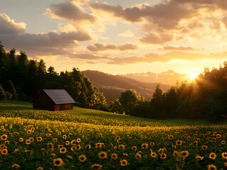 Sunset over Sunflower Field with Cabin and Mountains