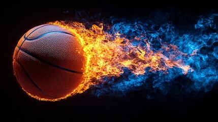 Fototapeta premium Glowing Basketball in Mid-Motion Surrounded by Flamming Orange and Blue Smoke Effects