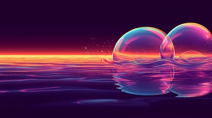 Vibrant iridescent orbs float gently on calm dark water reflecting sunset hues. AI Generated
