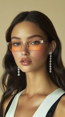 Elegant portrait of a woman with glasses and long earrings for fashion design