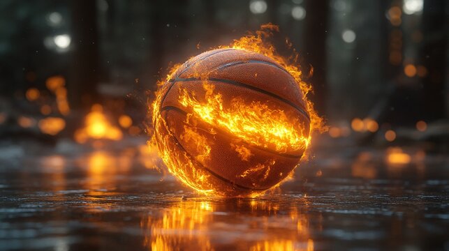 Glowing Basketball Caught Mid-Flight in Enchanted Forest Landscape with Fiery Effects