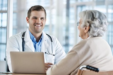 Fototapeta premium Caring Young Doctor Consulting Elderly Woman in Wheelchair in a Bright Medical Office