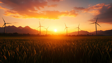 Sunset Over Wind Turbines in a Field