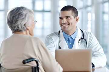 Fototapeta premium Caring Young Doctor Consulting Elderly Woman in Wheelchair in a Bright Medical Office