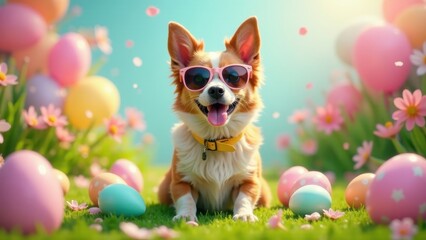 A cheerful canine wearing pink sunglasses sits amidst pastel Easter eggs and springtime blossoms in a vibrant, joyful scene.