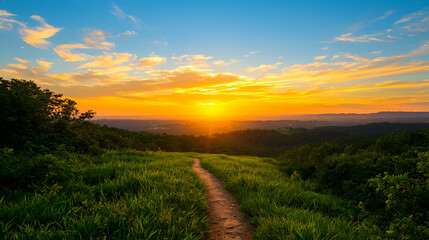 Obraz premium Sunset Path Through a Flower Field