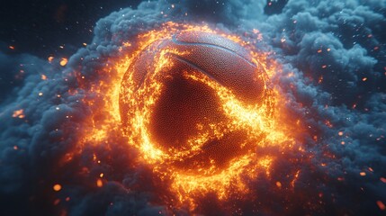 Basketball in Mid Air Surrounded by Dense Mist and Fiery Elements in a Frozen Moment