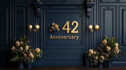 Sophisticated 42 Anniversary boldly displayed in vibrant gold letters on a rich navy backdrop, accented with simple lines and a smooth texture for sophistication.
