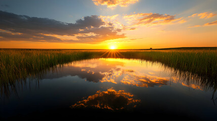 Fototapeta premium Sunset Reflection in a Calm Field
