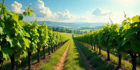 A picturesque vineyard landscape unfolds, revealing rows of vibrant green grapevines stretching towards a tranquil valley under a brilliant summer sky.
