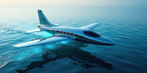 Fototapeta premium Sleek silver aircraft skimming across tranquil ocean surface, leaving a luminous wake