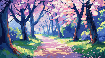 serene pathway lined with cherry blossom trees, vibrant colors, and soft light creates peaceful atmosphere. scene invites tranquility and reflection