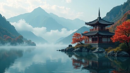 Serene Pagoda on Misty Lake Surrounded by Autumnal Foliage and Majestic Mountains