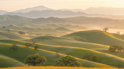 Breathtaking landscape featuring rolling green hills, distant mountains, and scattered trees under soft golden light. serene and tranquil scene that evokes sense of peace and beauty