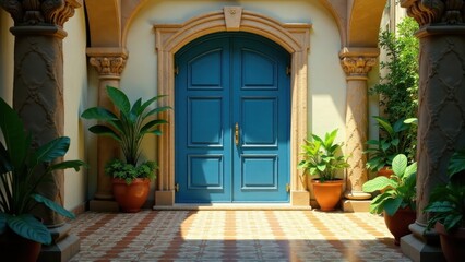 Fototapeta premium Sunlit Courtyard Entrance with Vibrant Blue Double Doors and Ornate Columns