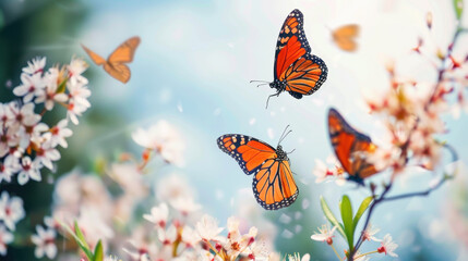 Beautiful butterflies fluttering among blooming flowers, creating serene and vibrant scene. orange and black wings of butterflies contrast beautifully with delicate white petals, evoking sense of