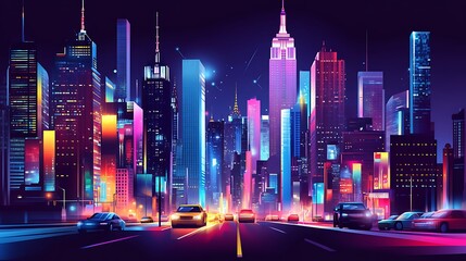 Fototapeta premium Neon Cityscape Night Traffic Illuminates Skyscrapers