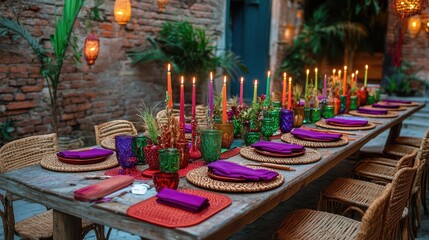 A beautifully set dining table with red placemats, purple napkins, and green candles, bringing wealth energy to the space