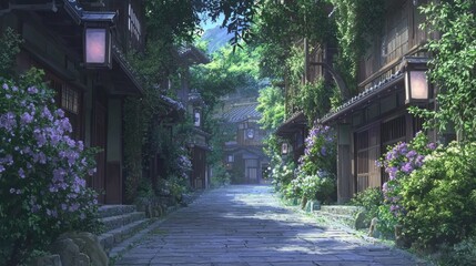 Fototapeta premium Peaceful Japanese Village Square Surrounded by Lush Greenery