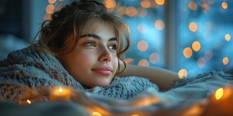 A woman wrapped in a cozy blanket gazes dreamily at glowing fairy lights, creating a warm and peaceful winter ambiance 