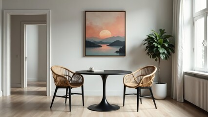 Serene Sunset Landscape Adorning a Minimalist Dining Area Featuring Woven Chairs and a Black Table