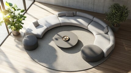 A contemporary living room with circular seating to promote interaction