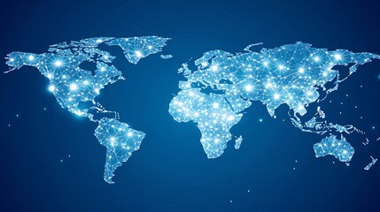 Global Network Illuminated Bright Blue World Map. AI Generated
