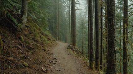 Fototapeta premium Misty Forest Trail Serene Nature Walk in Lush Woods
