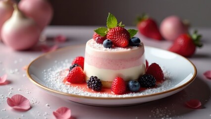 Layered Berry Panna Cotta Dessert on Elegant Plate with Powdered Sugar Garnish