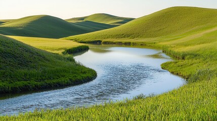 Serene River Winding Through Rolling Green Hills