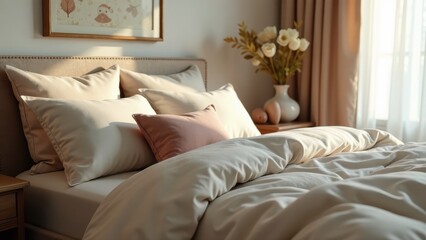 Warm sunlight illuminates a neatly made bed with soft, neutral-toned bedding and pillows