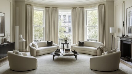 Fototapeta premium A light-filled living room with furniture placed in a circle to enhance communication