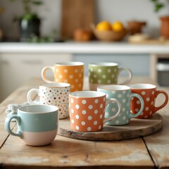Obraz premium A group of polka dot coffee mugs sitting on top of a wooden table next to a couple of cups