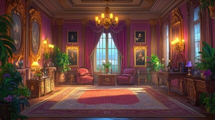 Fototapeta premium A luxurious living room with a red rug, purple wall accents, and green houseplants, creating an atmosphere of prosperity