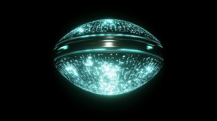 A 3D holographic globe icon with glowing digital connections in teal and white suspended over a black futuristic theme