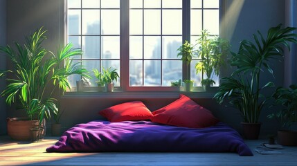 A modern bedroom with red throw pillows, purple bedspread, and green plants placed near the window for positive energy