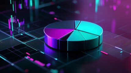 A 3D radial chart with glowing segmented sections in vibrant teal and purple floating in a dark digital environment