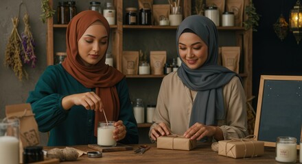 two women in hijabs make candles and wrap gift boxes in a well-lit shop with shelves of jars and craft supplies