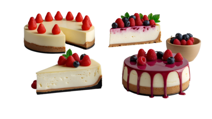 A set of delicious cheesecakes with various toppings, creamy dessert assortment on a clean background, sweet treat selection for bakery lovers