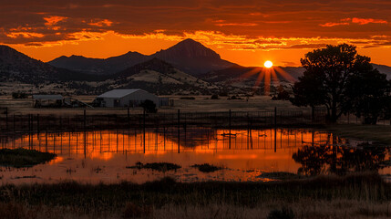Sunrise over mountain ranch reflecting in pond